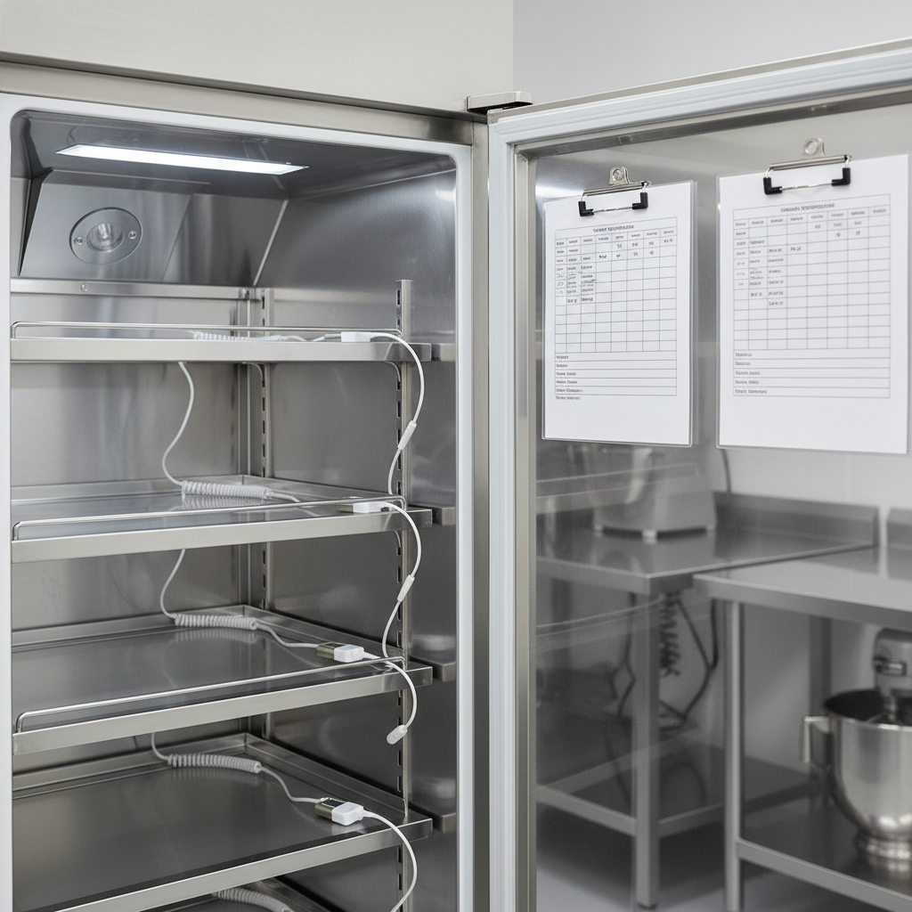 A close-up, detailed view of an open stainless-steel commercial refrigeration unit, its interior shelves neatly arranged with temperature probes and laminated maintenance logs clipped to the side. The rubber door seals look recently replaced, firm and clean, with hinges and fasteners sharply in focus. The unit stands against a smooth, light-gray wall in a professional back-of-house environment, with a glimpse of other catering equipment blurred in the background. Cool, even LED lighting inside the fridge casts a soft white glow, emphasizing the sense of reliability and food safety. Shot from a slightly angled perspective with shallow depth of field, the photographic realism highlights precision maintenance and optimal performance.