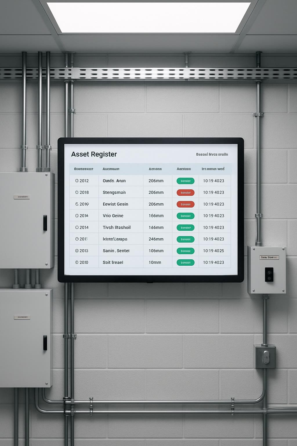 A clean, widescreen view of a digital asset register displayed on a sleek, wall-mounted industrial monitor in a commercial kitchen plant room. The screen shows a structured list of equipment items with status indicators, service dates, and HACCP compliance ticks, rendered in a clear, modern interface with blue and gray accents. Surrounding the monitor are neatly labeled electrical panels, conduit, and cable trays, all perfectly organized. Cool, evenly distributed LED panel lighting creates a crisp, professional ambience with minimal shadows. Captured straight-on at eye level with photographic realism and sharp focus, the image conveys control, transparency, and auditable equipment management for a large-scale catering operation supported by expert servicing.