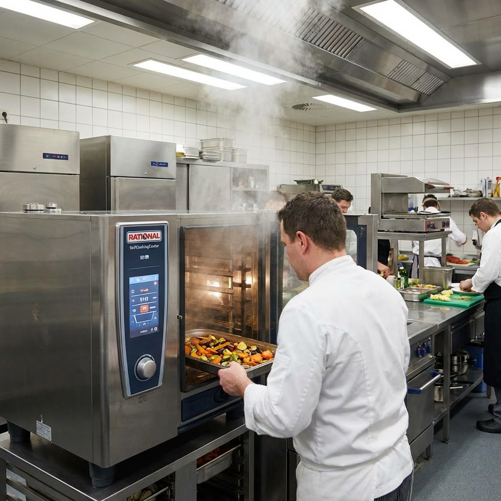 Chef removing a tray of roasted vegetables from a steaming commercial oven in a professional kitchen.